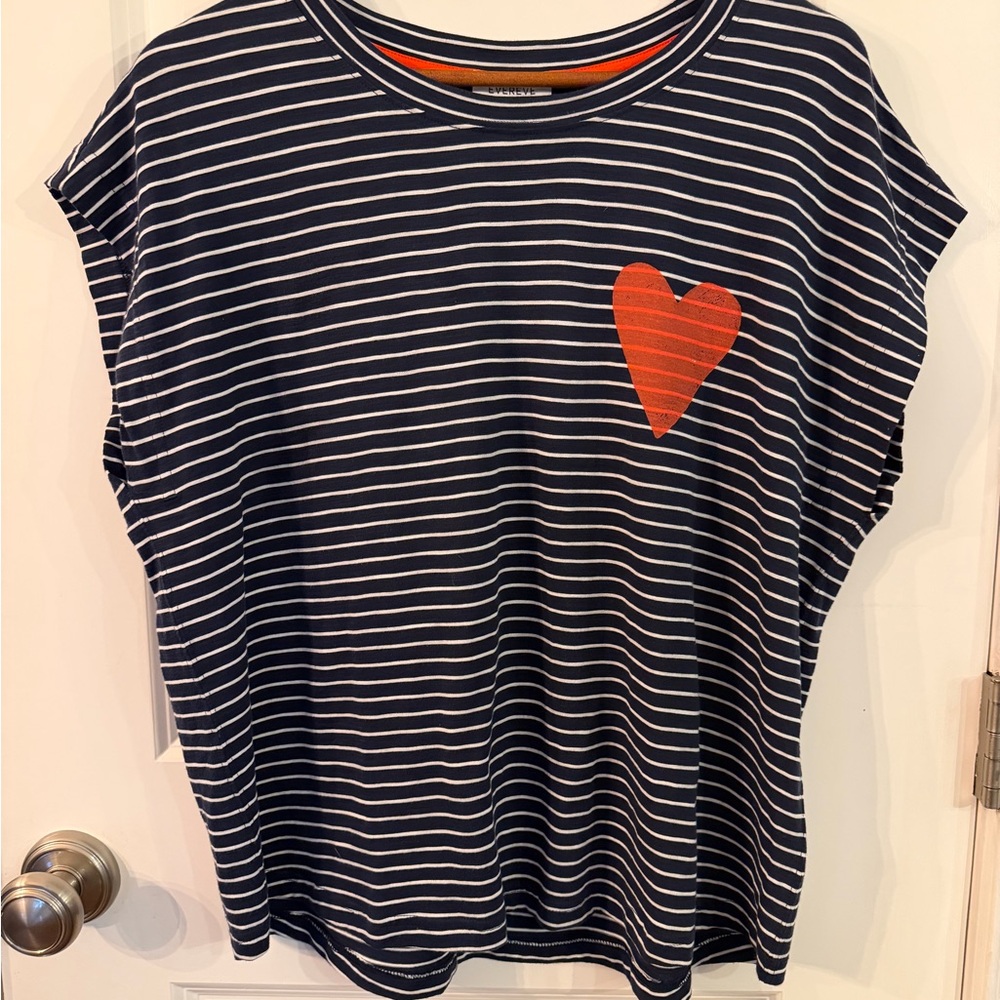 Evereve Navy and White Striped Short Sleeve Tee with Orange Heart